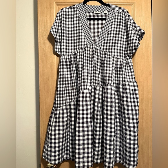 Anthropologie 11.1.TYLHO Navy & White Asymmetric Tired Gingham Mini Dress Small - Picture 1 of 9